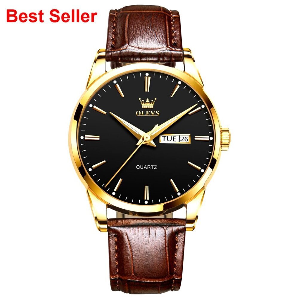 Men's Leather Watch Stainless Steel Day Date Waterproof Luminous